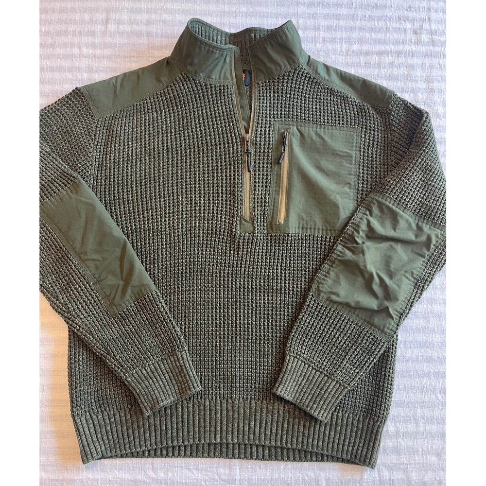 Bass Outdoor Mens Olive Green Waffle Knit Quarter Zip Sweater Ripstop Trim